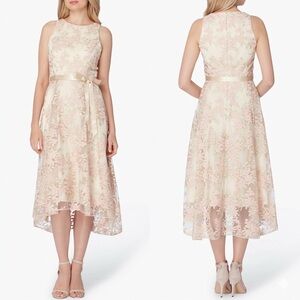 Tahari ASL Floral Lace High-Low Dress - Champagne & Pink – Satin Bow Waist Sz 12